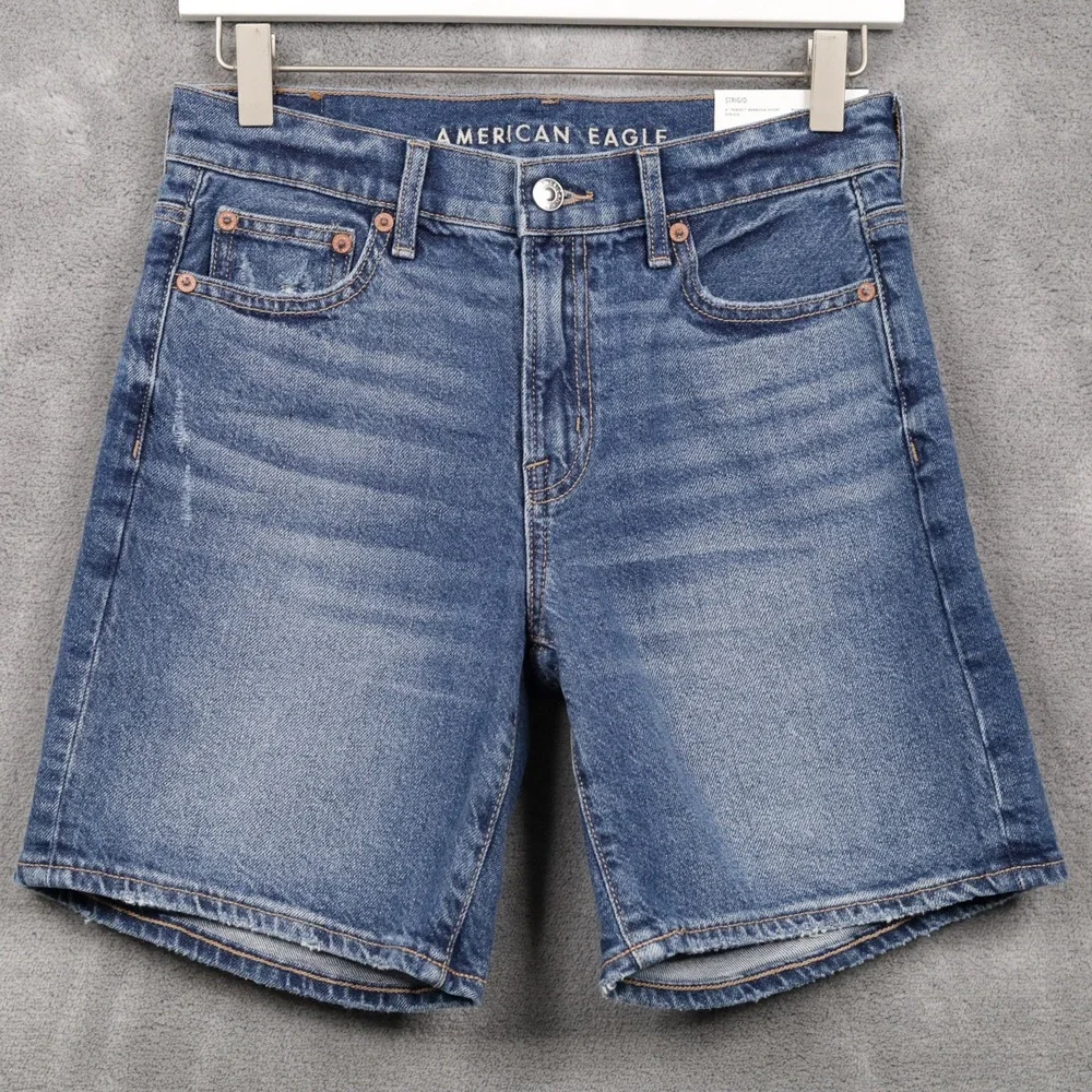 AMERICAN EAGLE 8 Inch Perfect Bermuda Short High Rise STRIGID Denim Blue 000 NWT - Picture 2 of 9